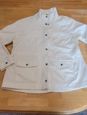 LL Bean White Cotton Utility Drawstring Mock Neck Jacket Petite Large